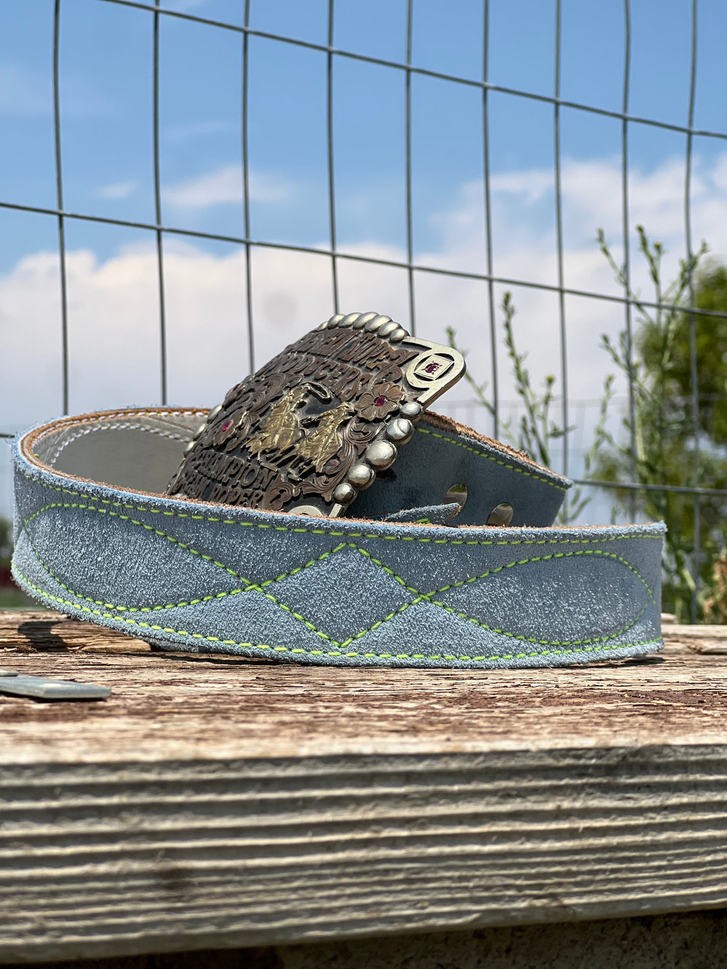 Baby Blue Roughout Gunslinger stitch "lime"-35"