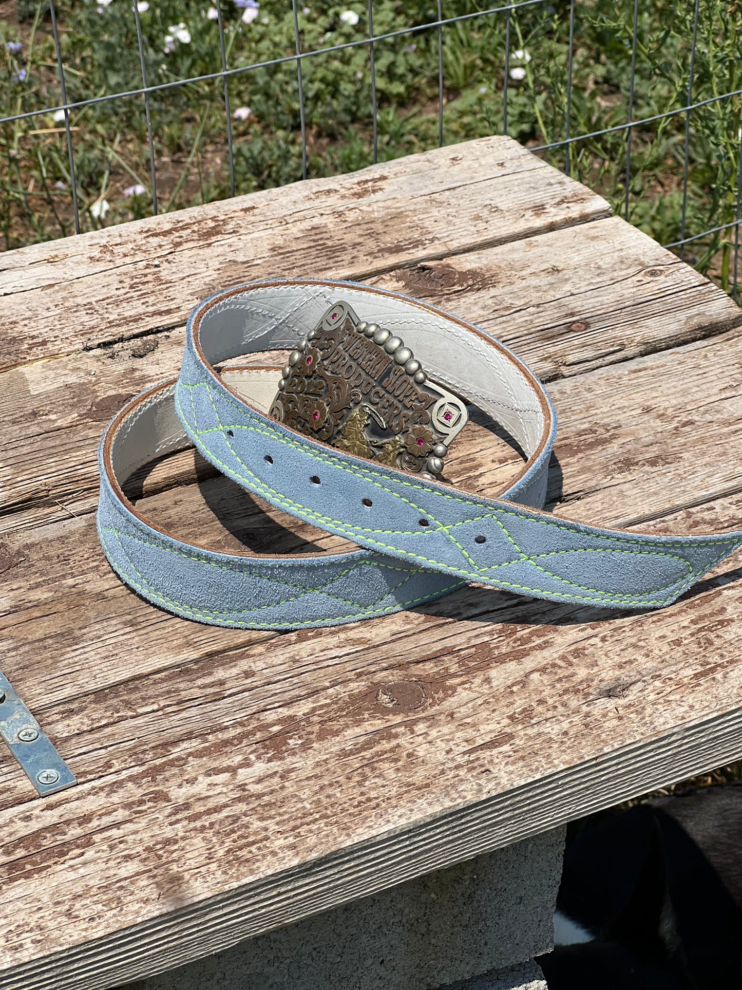 Baby Blue Roughout Gunslinger stitch "lime"-35"