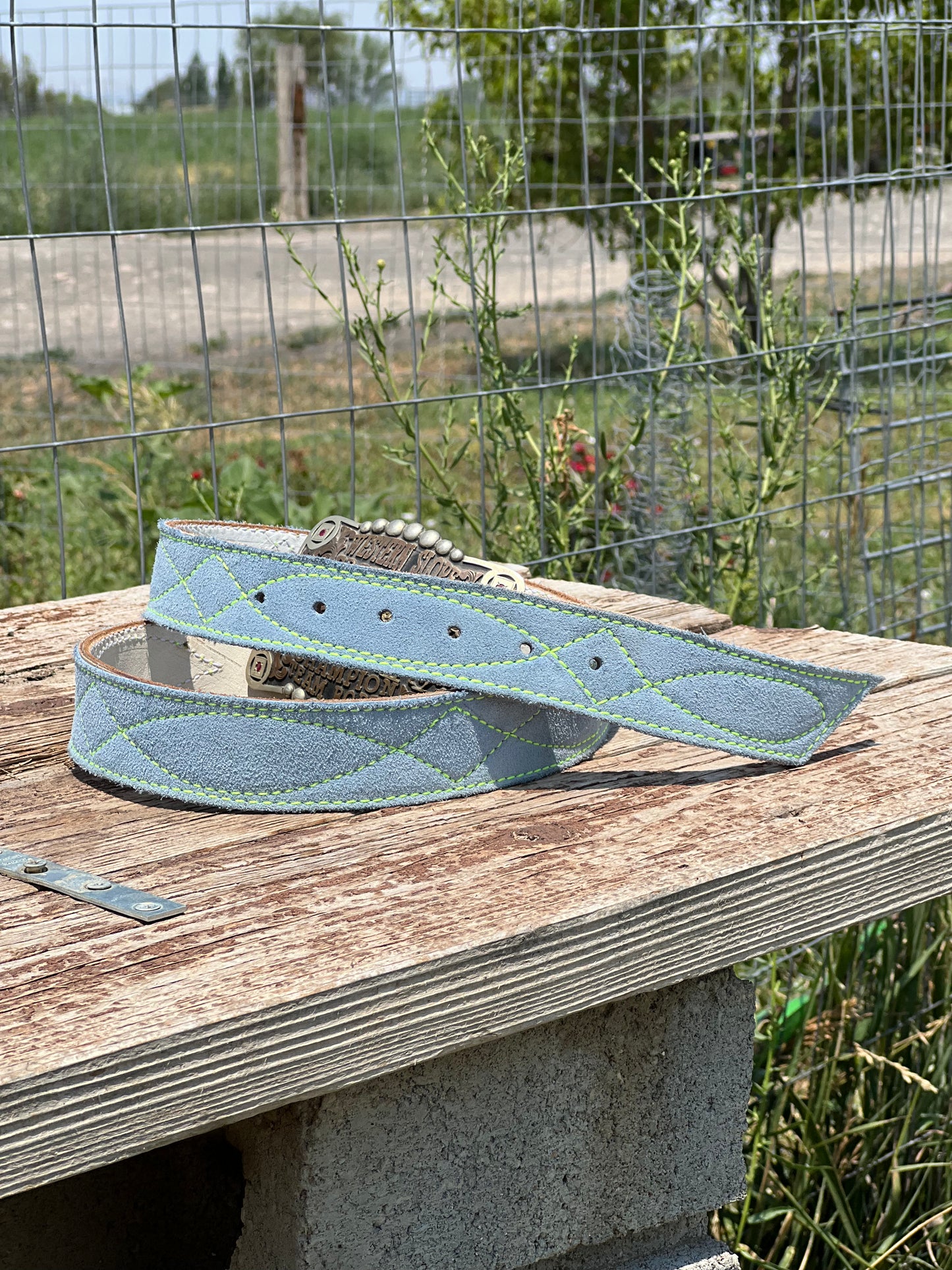 Baby Blue Roughout Gunslinger stitch "lime"-35"