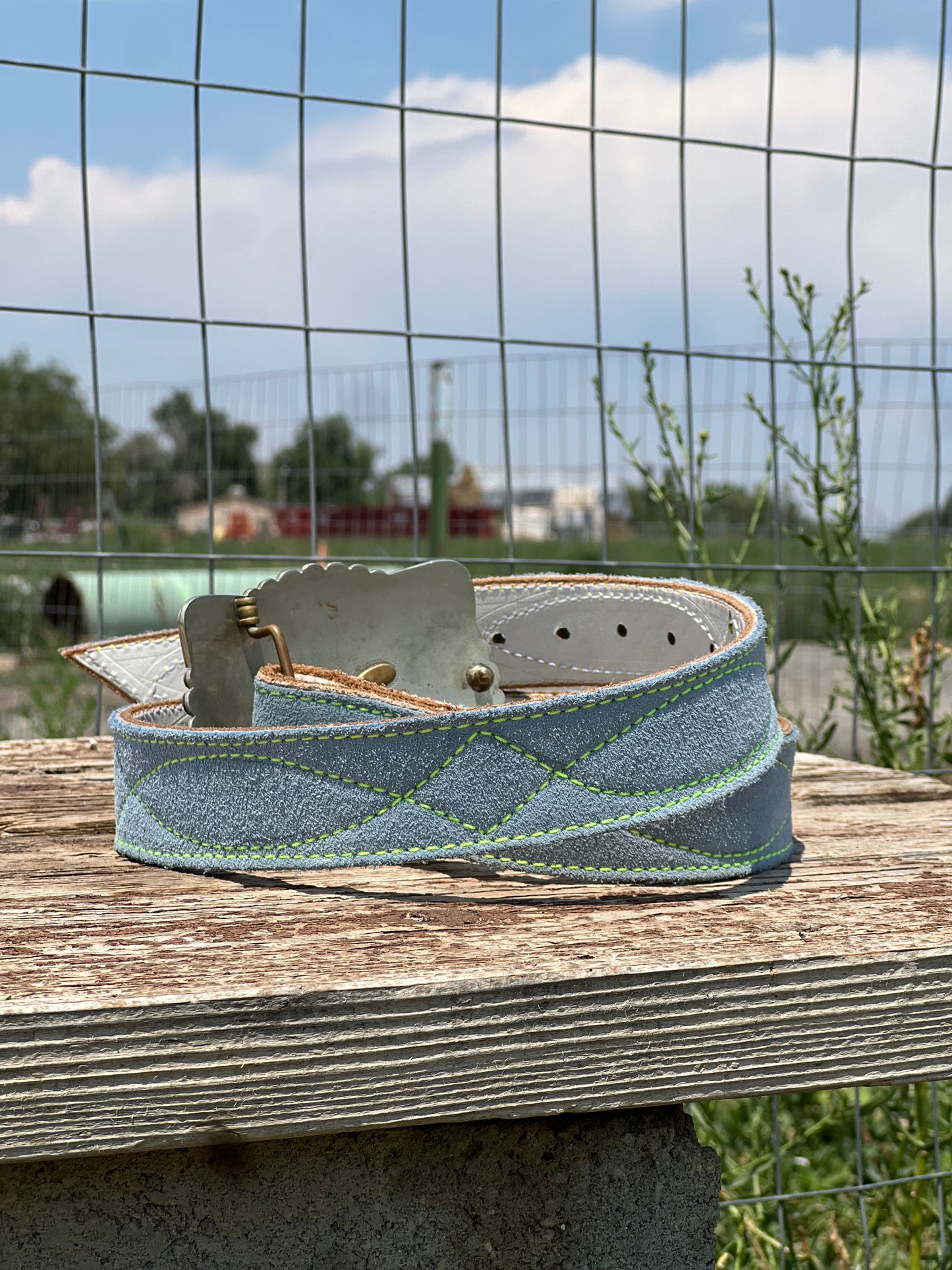 Baby Blue Roughout Gunslinger stitch "lime"-35"